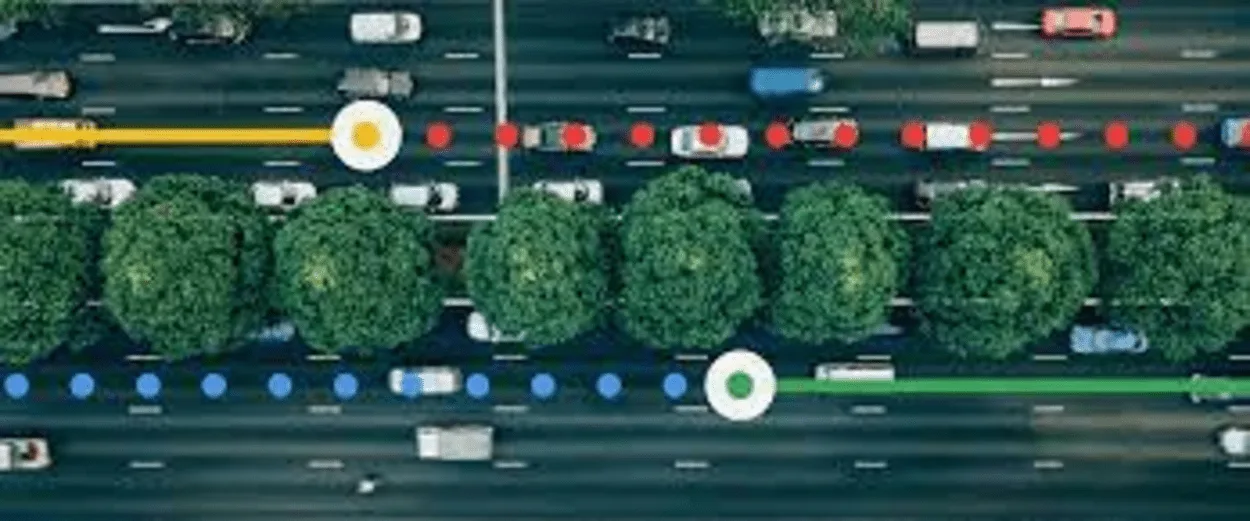 Cars going across two seperate lanes with trees between them