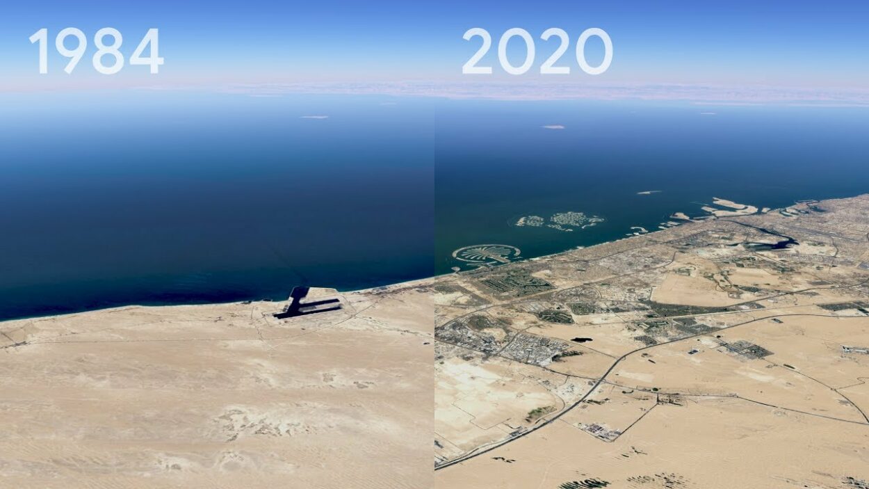 A collage of two images from Google Earth of different time periods