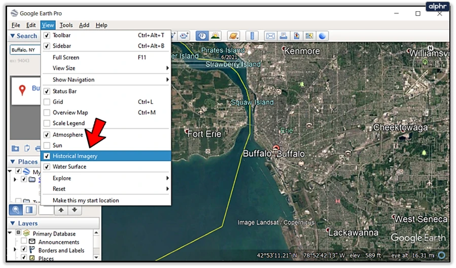 Google Earth settings with an arrow pointing to historical imagery option