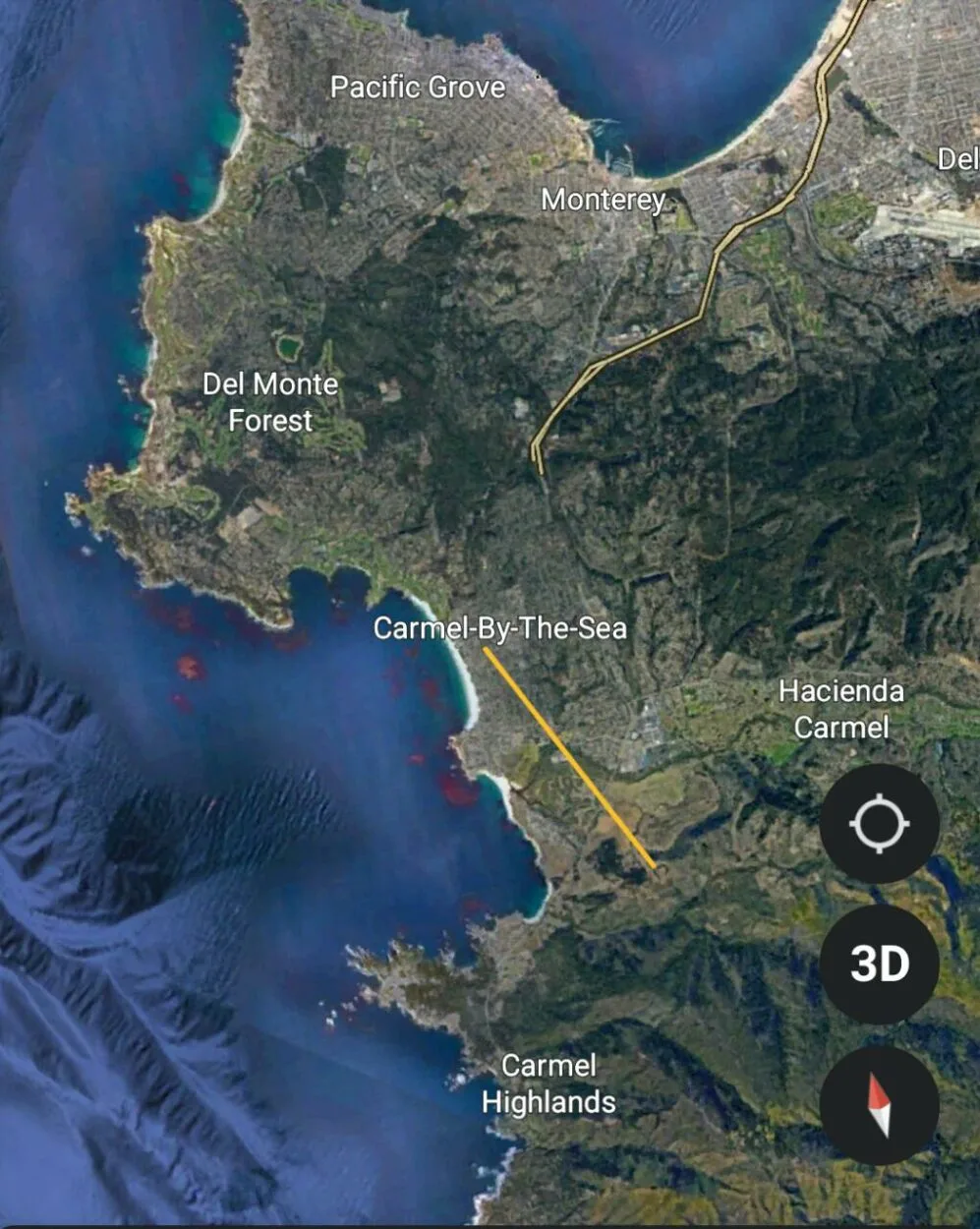 Location of Eastwood's Carmel Ranch from Carmel by the Sea/ Google Earth.
