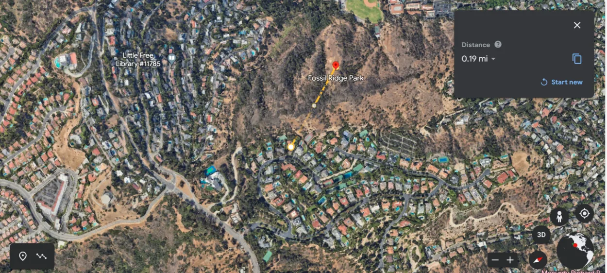 Image Credit: Google Earth (Location of Jenner's house from Fossil Ridge Park).