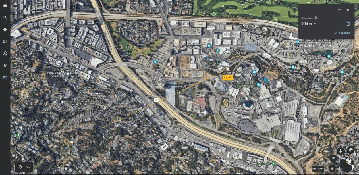 Vanesa Hudgens house distance from Universal Studio Tour on google earth