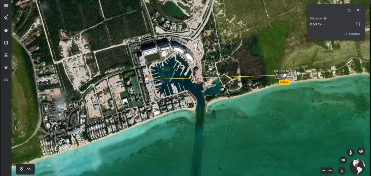 Satellite view of the distance between penthouse and Pigs Cove Beach