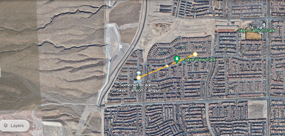 Location of Ronnie's House from the Somerset Academy Skye Canyon Campus (image Credit: Google Earth)