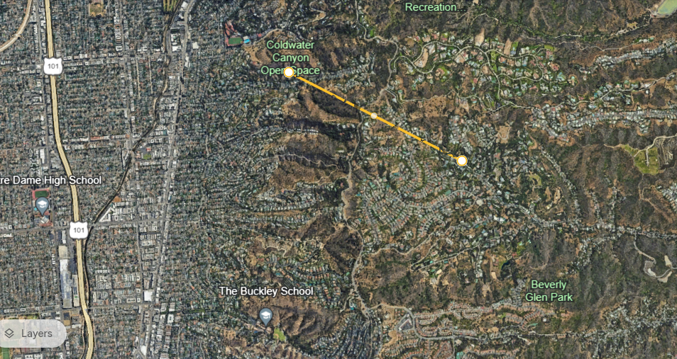 Location of Chamberlain's Residence from Coldwater Canyon Open Space (Image Credit: Google Earth)