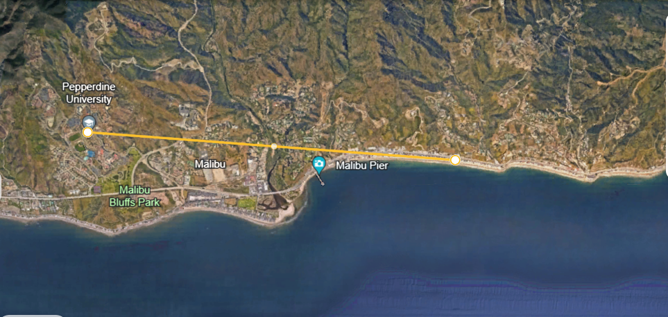 Location of Simmon's mansion from the Pepperdine University (Image Credit: Google Earth)