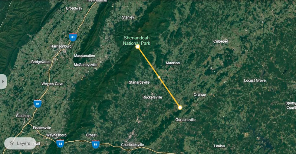 Location of Johnson's house from the Shenandoah National Park (Image Credit: Google Earth)