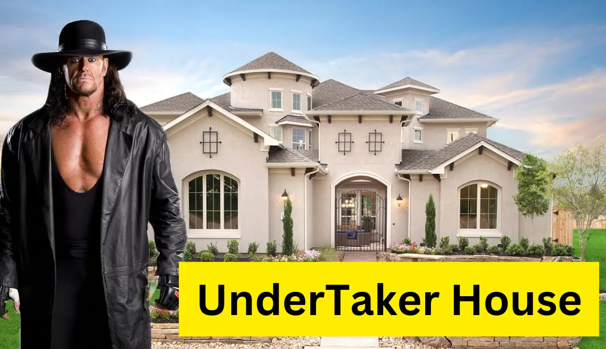 The Undertaker, iconic in his presence, poses confidently in front of his expansive property, radiating a sense of power and mystery.