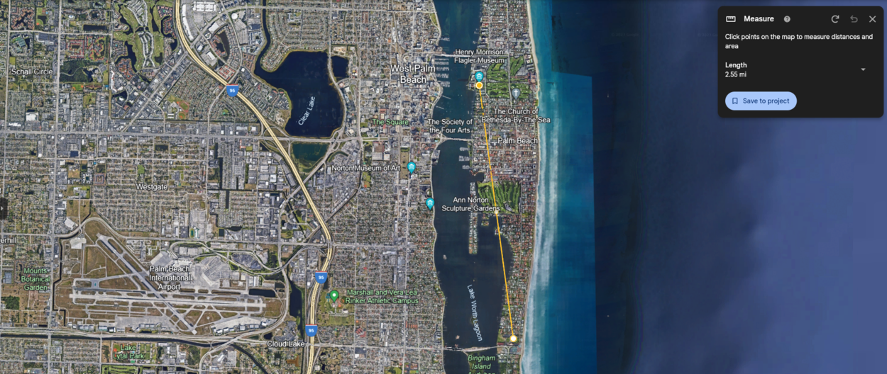 The distance from Trump's mansion and Flagler Museum