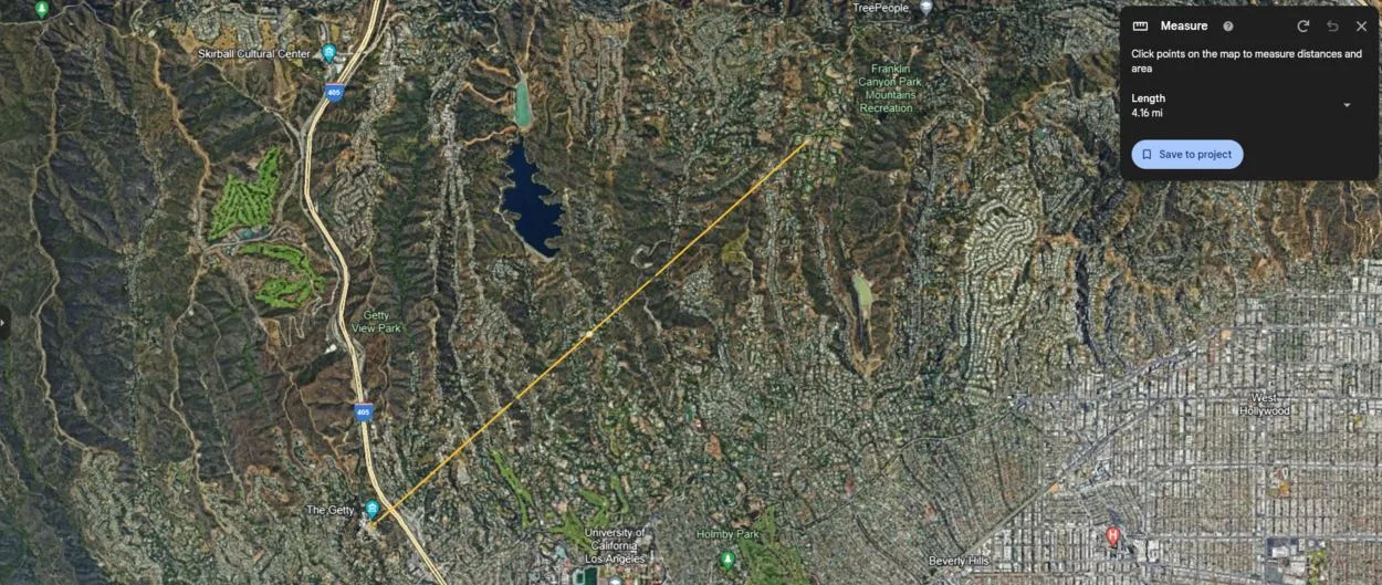 The distance between eddie's mansion and The Getty