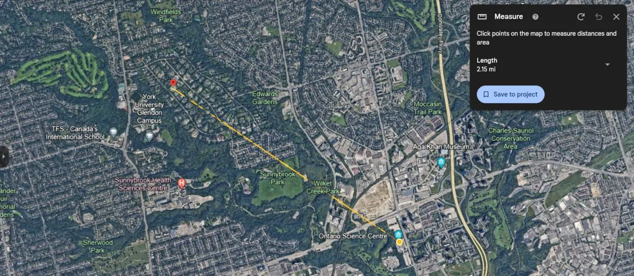 The Distance between Drake's mansion and Ontario Science Centre
