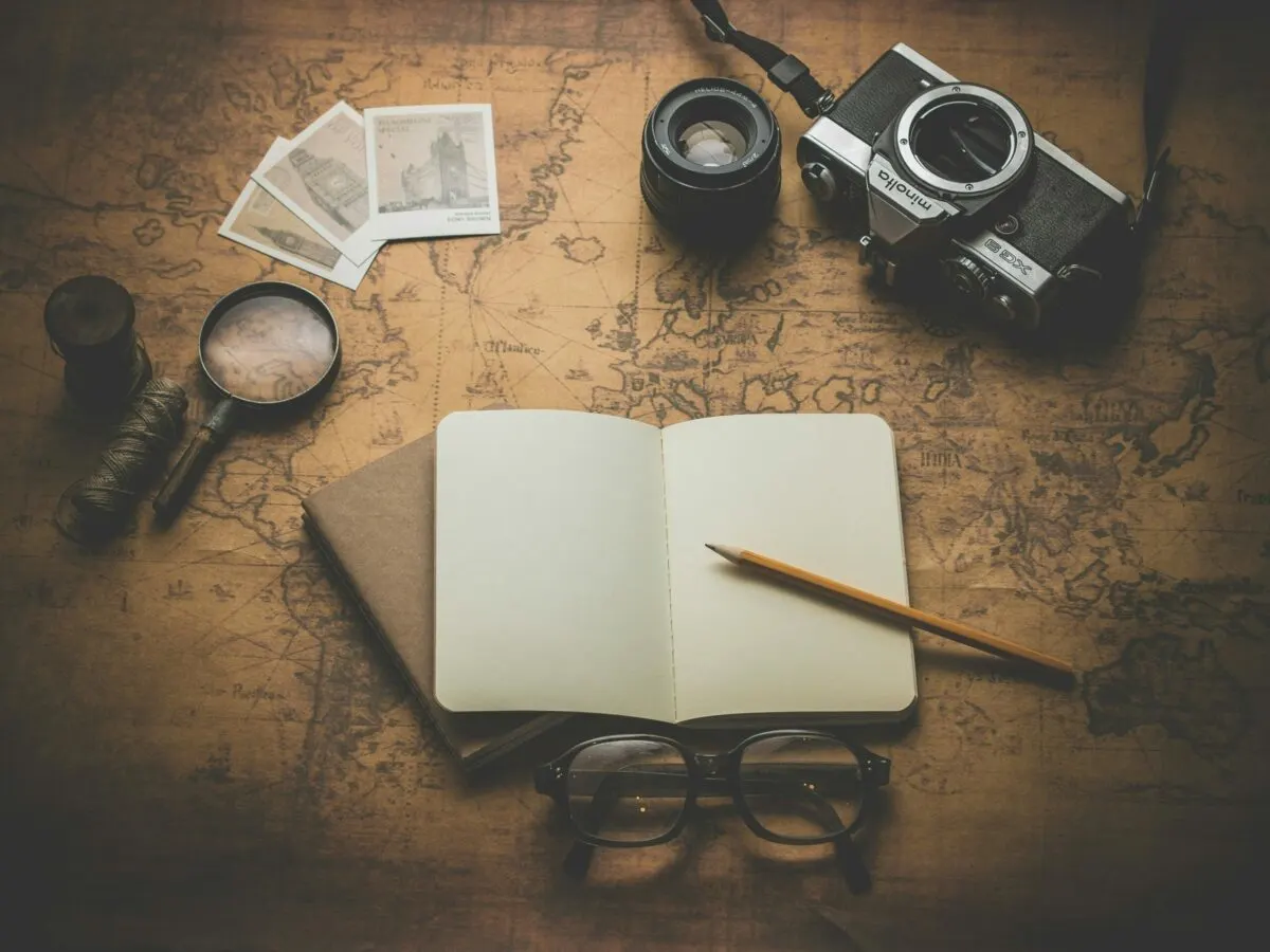Different objects like polaroids, a book, and glasses are placed on a map