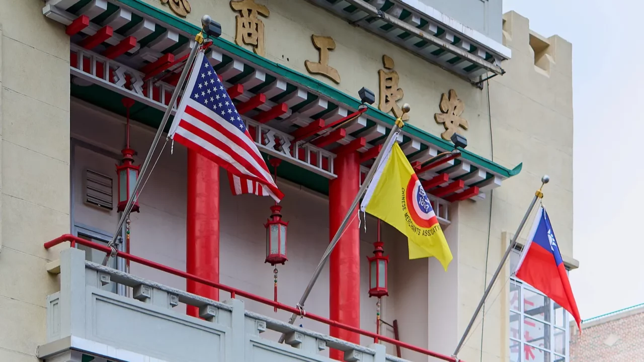 The Chinese Merchants Association Building in a Chinatown neighborhood.