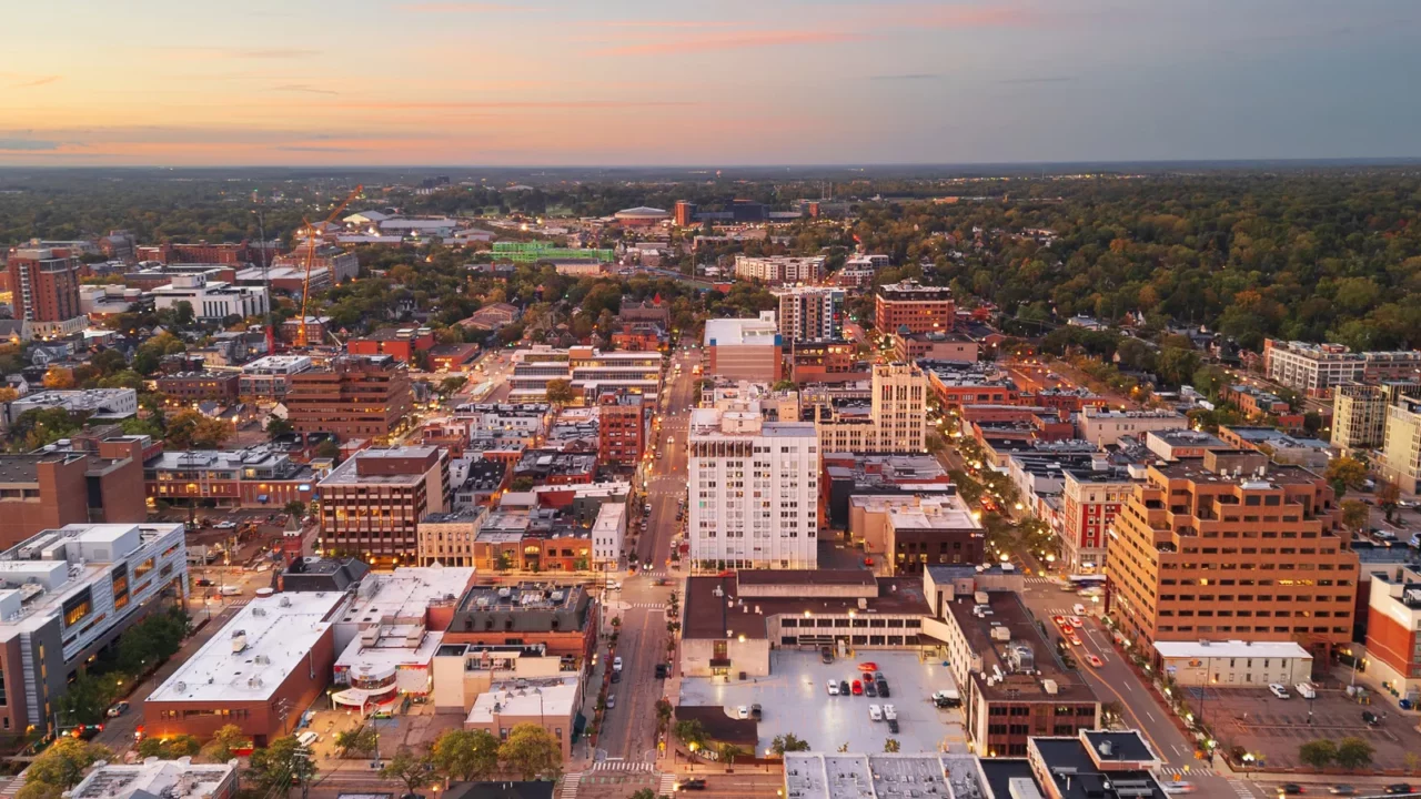 ann arbor michigan usa college town skyline at dusk